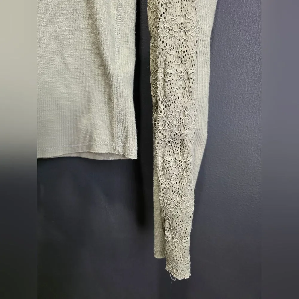 Free People Green High Neck Lace Frankie Cuff Long Sleeve Top Sz XL
